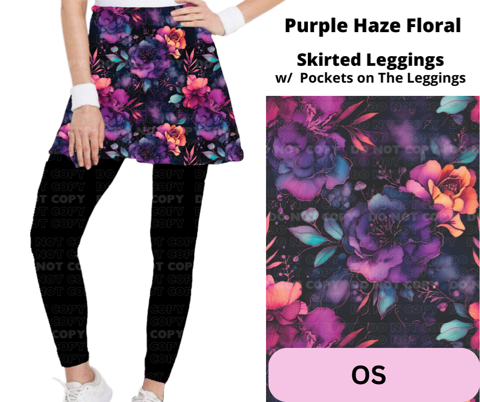 Purple Haze Floral Skirted Full Length Leggings w/ Pockets