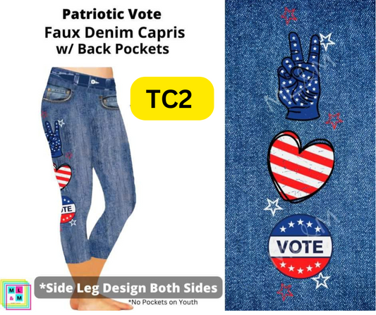 *Clearance* Price Drops in Cart! Patriotic Vote Capri Faux Denim w/ Side Leg Designs