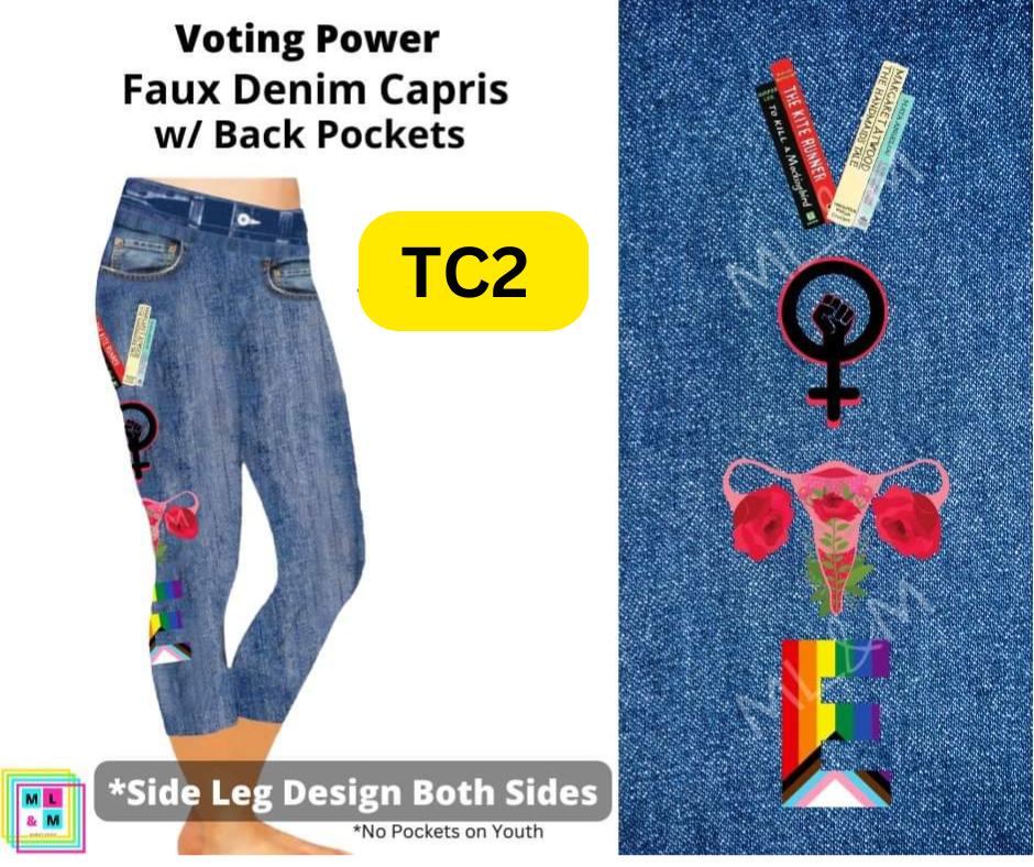 *Clearance* Price Drops in Cart! Voting Power Capri Faux Denim w/ Side Leg Designs