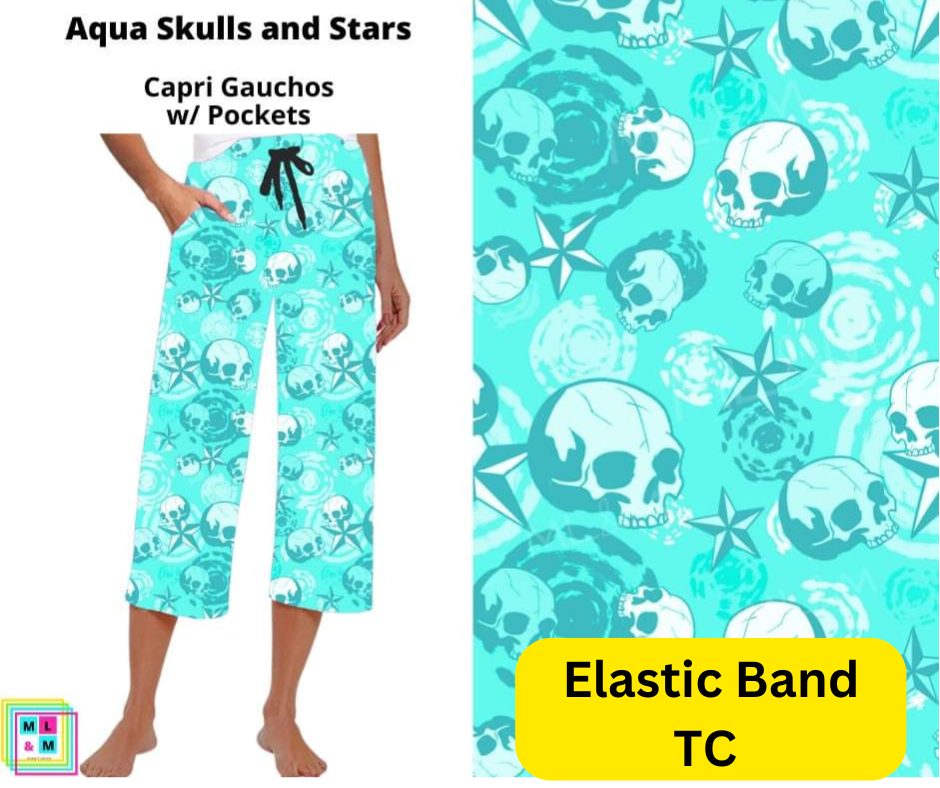 *Clearance* Price Drops in Cart! Aqua Skulls and Stars Capri Gauchos