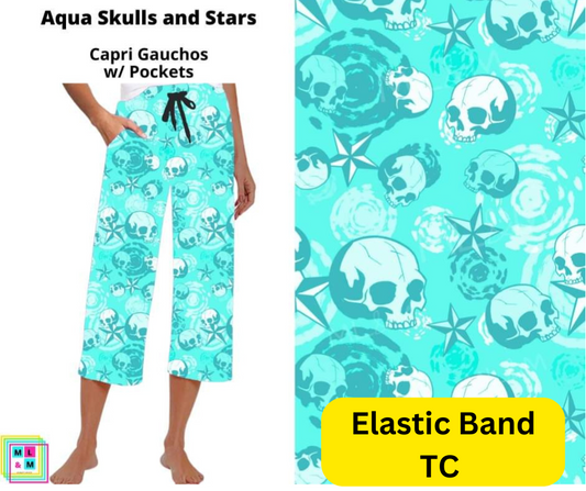 *Clearance* Price Drops in Cart! Aqua Skulls and Stars Capri Gauchos