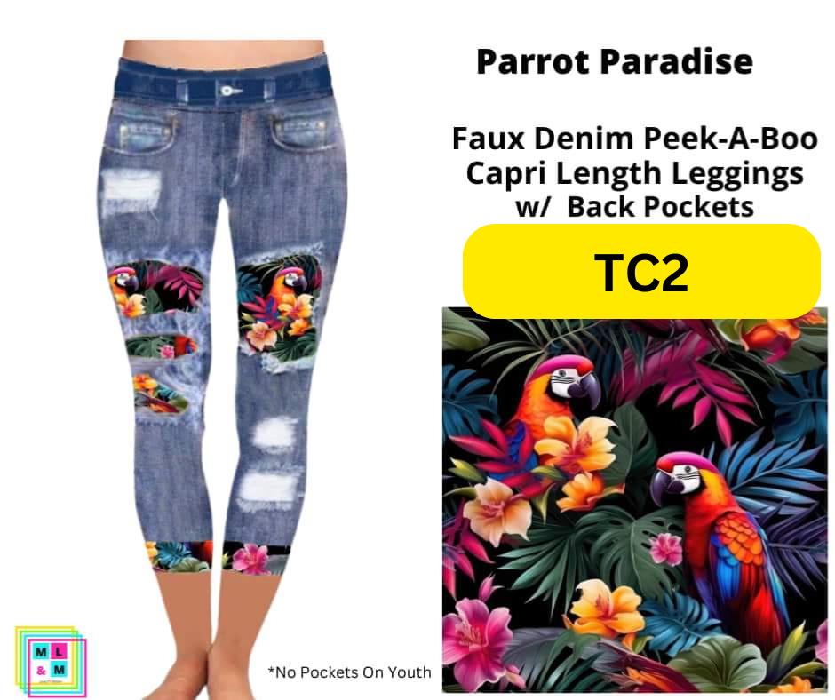 *Clearance* Price Drops in Cart! Parrot Paradise Faux Denim Capris