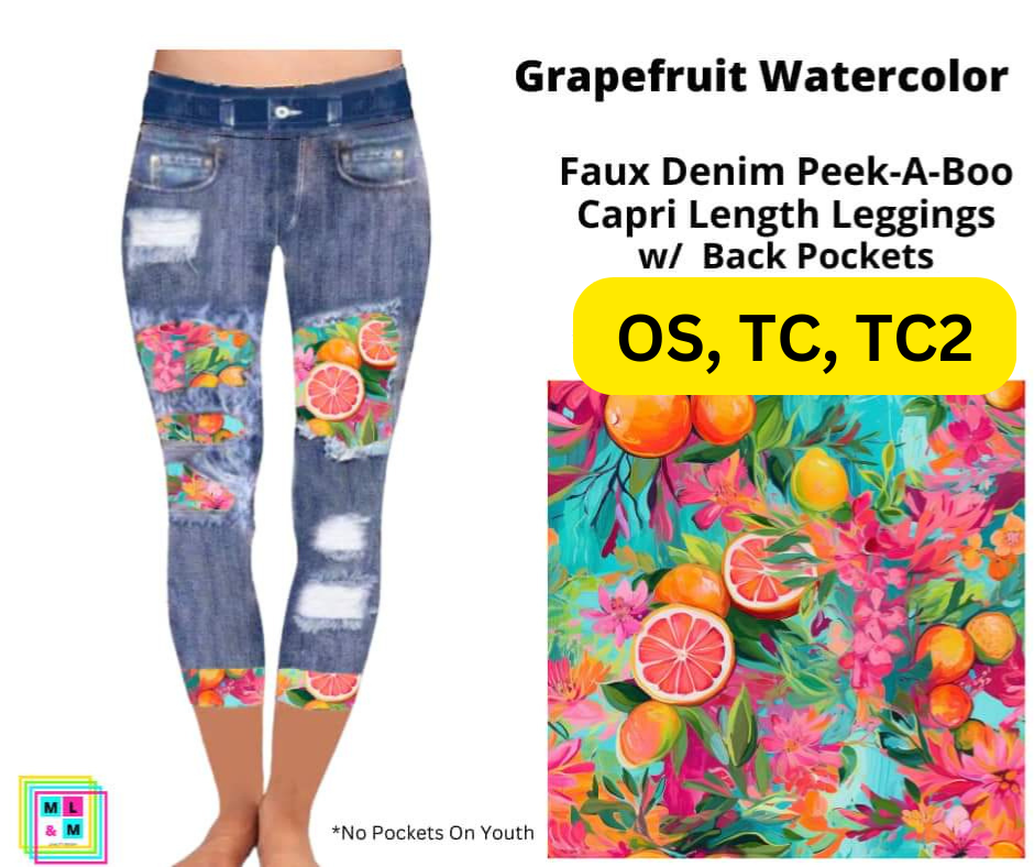 *Clearance* Price Drops in Cart! Grapefruit Watercolor Faux Denim Capris