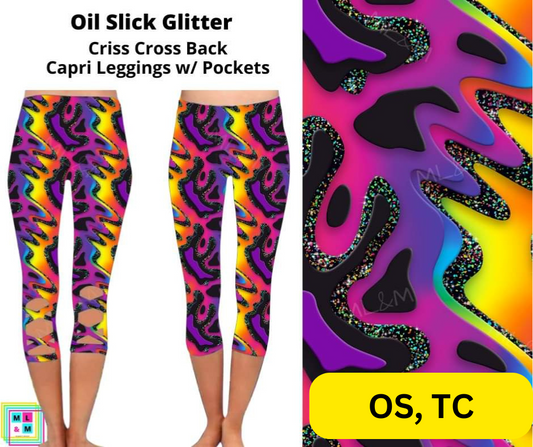 *Clearance* Price Drops in Cart! Oil Slick Glitter Criss Cross Capri w/ Pockets