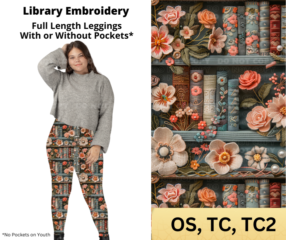 Library Embroidery Full Length Leggings w/ Pockets