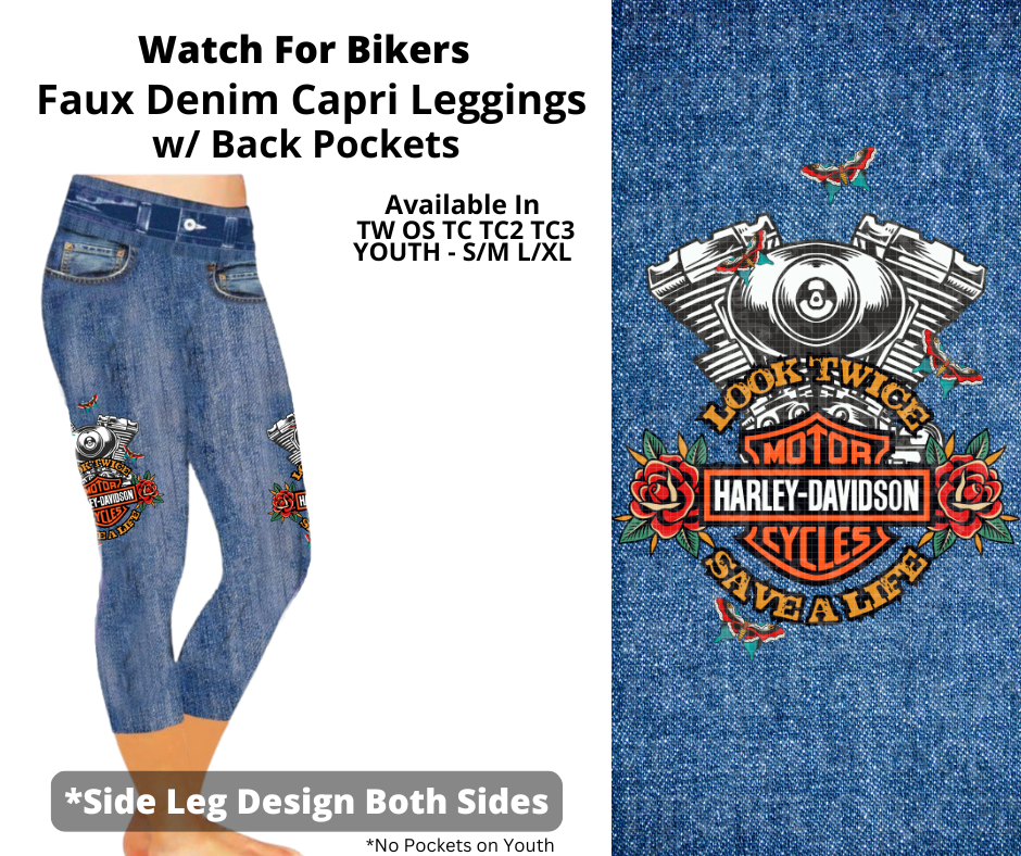 Preorder! Closes 3/19. ETA June. Watch For Bikers Capris Faux Denim w/ Side Leg Designs