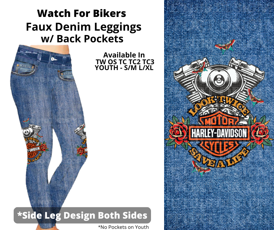 Preorder! Closes 3/19. ETA June. Watch For Bikers Full Length Faux Denim w/ Side Leg Designs