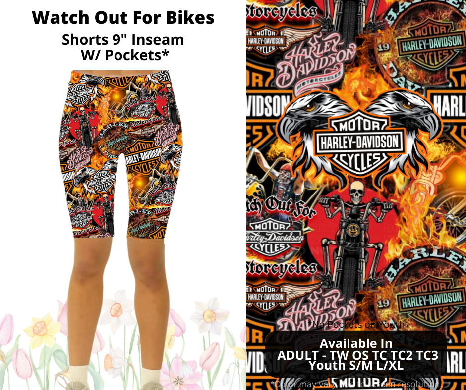 Preorder! Closes 3/17. ETA June. Watch Out For Bikes 9" Inseam Shorts w/wo Pockets