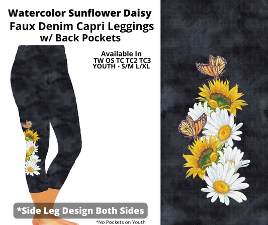 Preorder! Closes 3/19. ETA June. Watercolor Sunflower Daisy Capris w/ Side Leg Designs