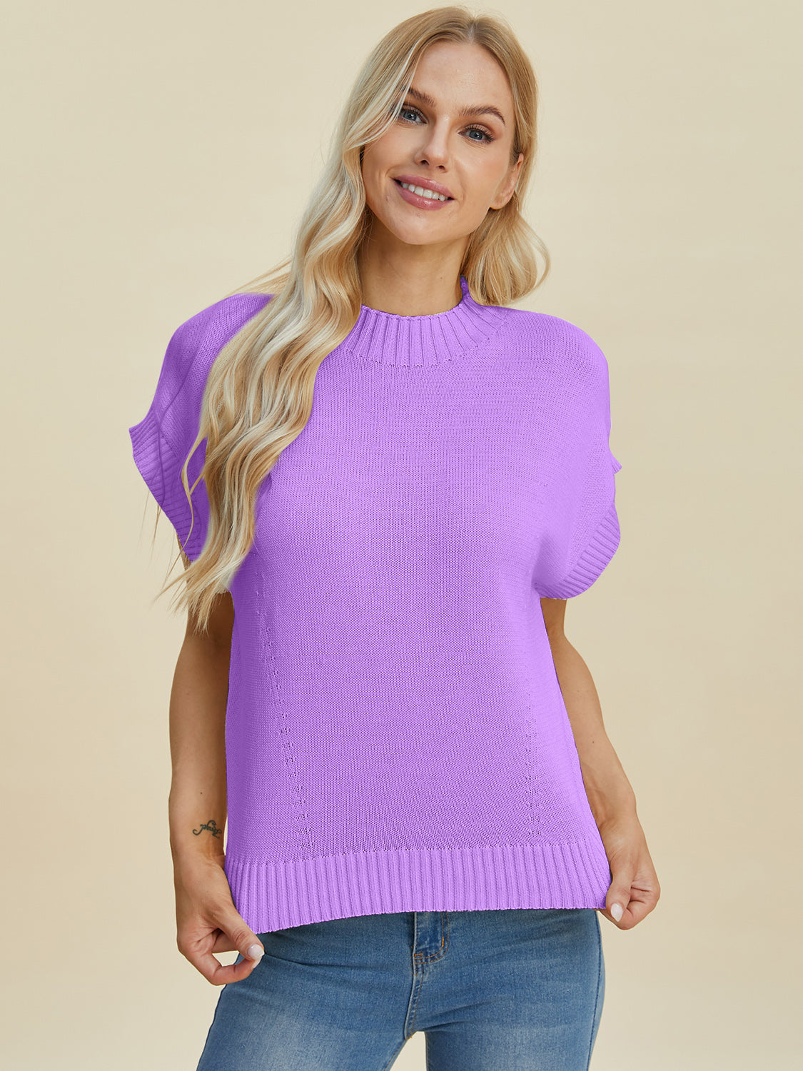 Double Take Full Size Mock Neck Short Sleeve Sweater