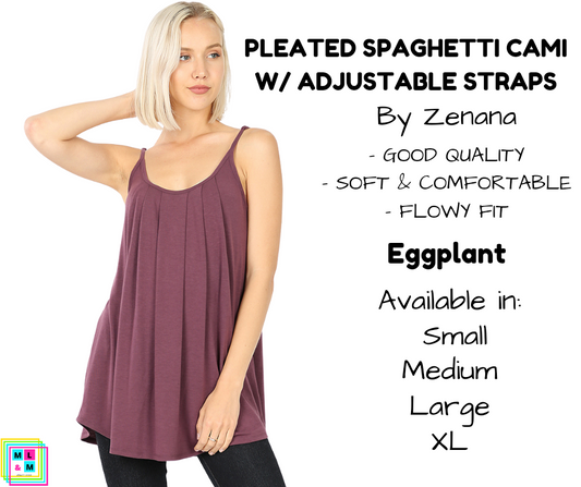 Pleated Spaghetti Strap Cami - Eggplant