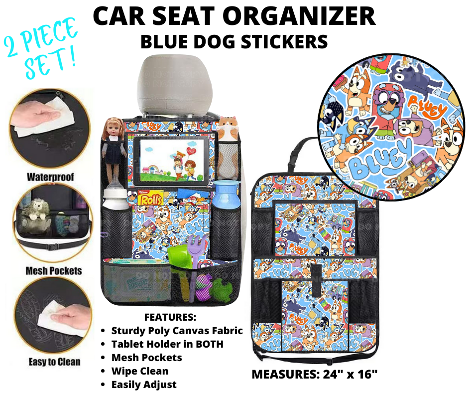 Preorder! Closes 1/2. ETA March. Blue Dog Stickers Car Seat Organizer 2 Piece Set