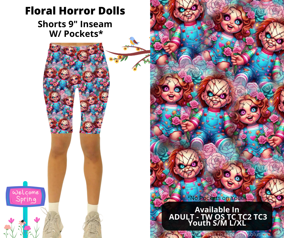 Preorder! Closes 1/27. ETA April. Floral Horror Dolls 9" Inseam Shorts w/wo Pockets