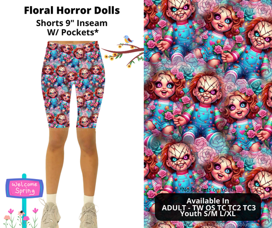 Preorder! Closes 1/27. ETA April. Floral Horror Dolls 9" Inseam Shorts w/wo Pockets