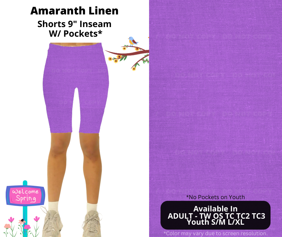 Preorder! Closes 1/8. ETA April. Amaranth Linen 9" Inseam Shorts w/wo Pockets