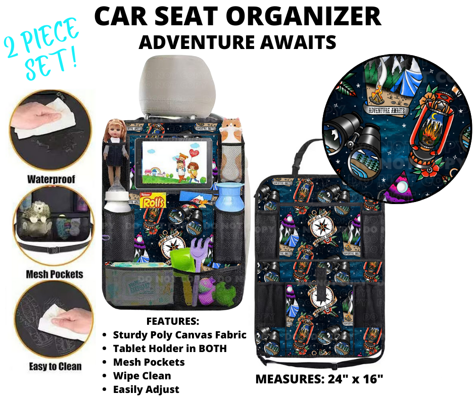 Preorder! Closes 1/2. ETA March. Adventure Awaits Car Seat Organizer 2 Piece Set