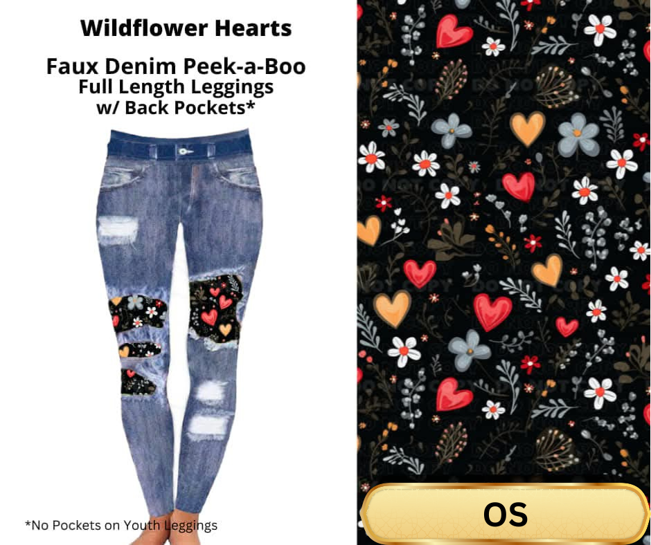 Wildflower Hearts Faux Denim Full Length Peekaboo Leggings