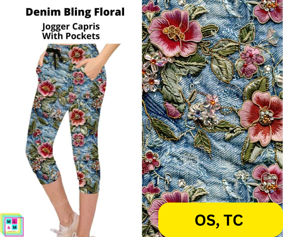 *Clearance* Price Drops in Cart! Denim Bling Floral Jogger Capri