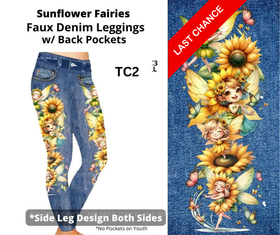 Sunflower Fairies Full Length Faux Denim w/ Side Leg Designs