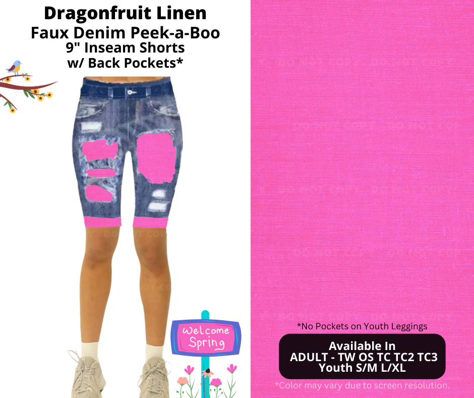 Preorder! Closes 1/13. ETA April. Dragonfruit Linen Faux Denim Peekaboo Jamaica Shorts