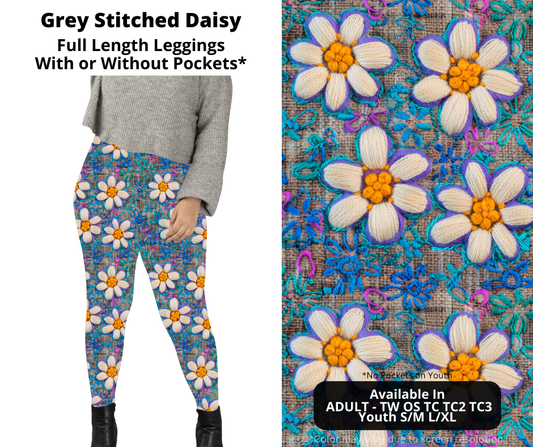 Preorder! Closes 1/22. ETA April. Grey Stitched Daisy Full Length Leggings w/wo Pockets