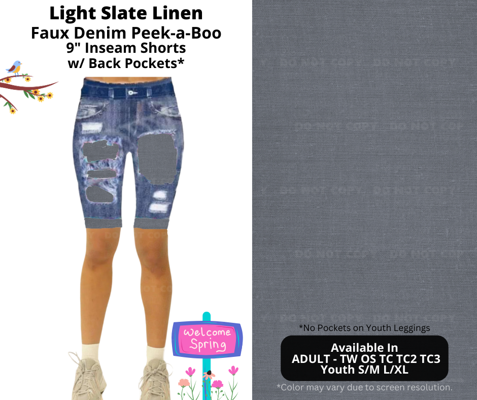 Preorder! Closes 1/13. ETA April. Light Slate Linen Faux Denim Peekaboo Jamaica Shorts