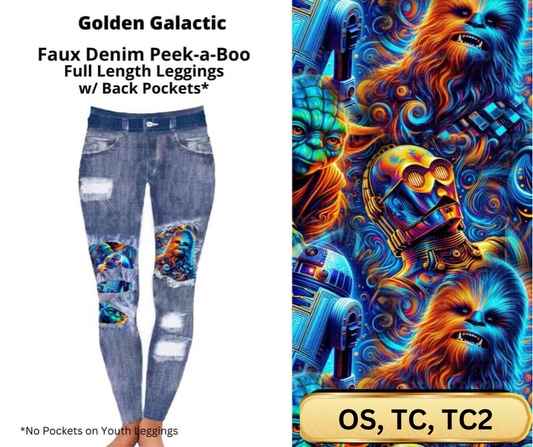 Golden Galactic Faux Denim Full Length Peekaboo Leggings