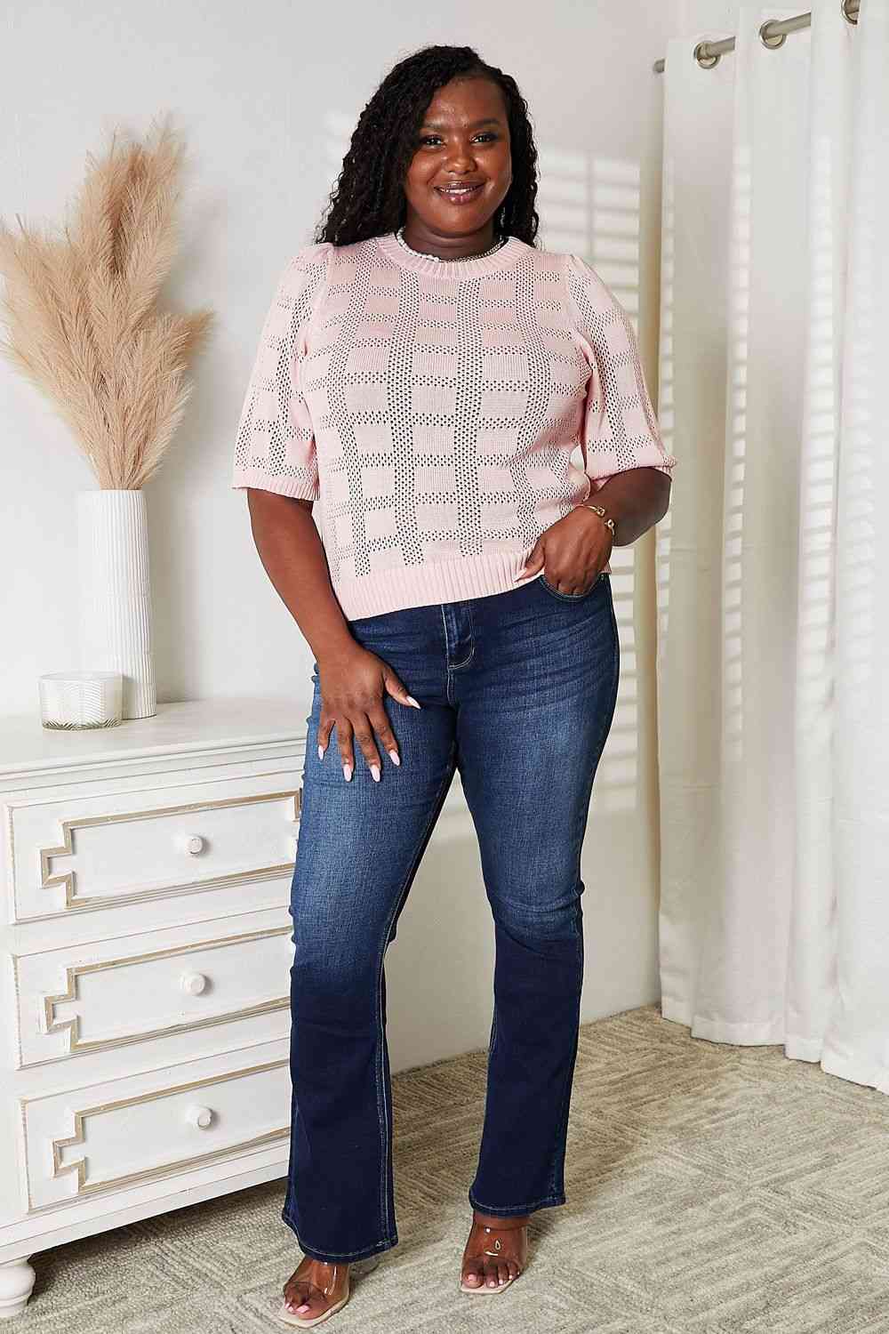 Double Take Ribbed Trim Round Neck Knit Top - Alonna's Legging Land