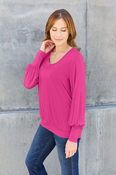 Basic Bae Full Size V-Neck Lantern Sleeve Blouse - Alonna's Legging Land