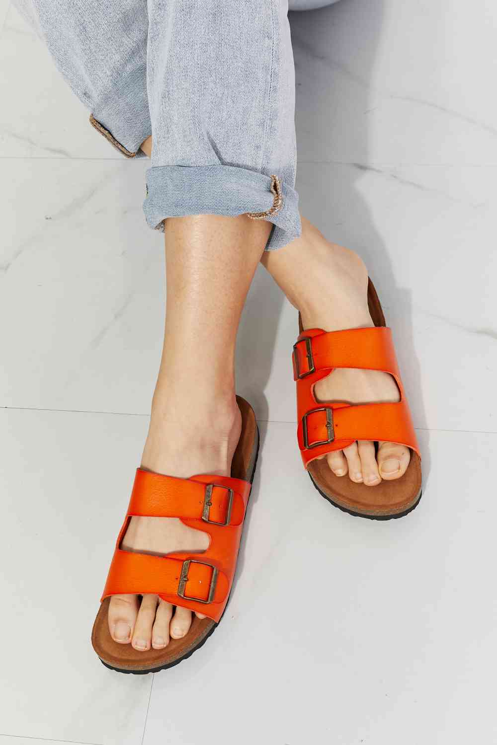 MMShoes Feeling Alive Double Banded Slide Sandals in Orange - Alonna's Legging Land
