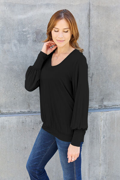 Basic Bae Full Size V-Neck Lantern Sleeve Blouse - Alonna's Legging Land