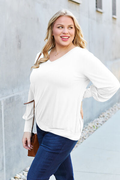 Basic Bae Full Size V-Neck Lantern Sleeve Blouse - Alonna's Legging Land