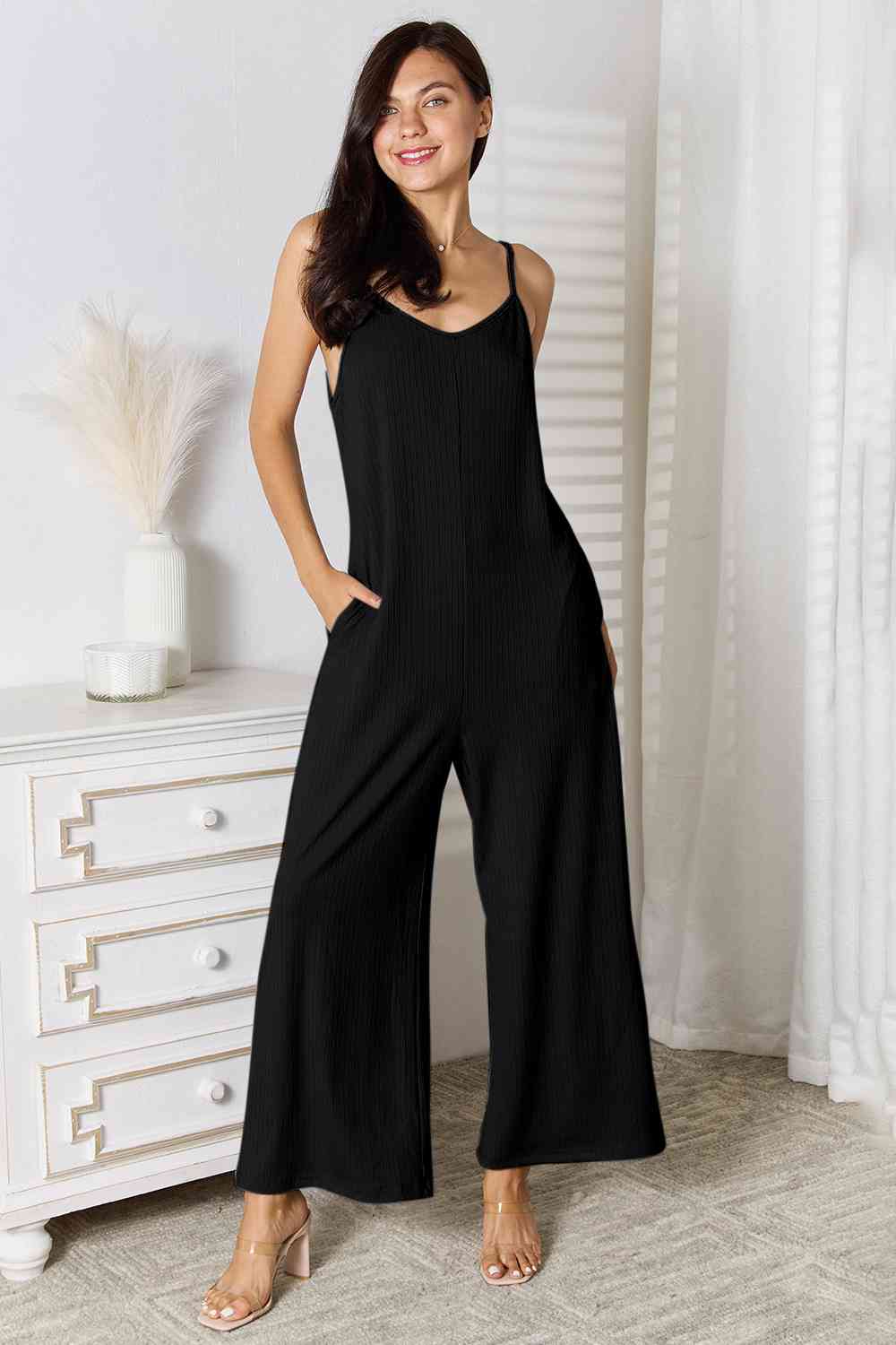 Basic Bae Full Size Spaghetti Strap V-Neck Jumpsuit - Alonna's Legging Land