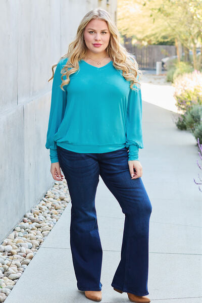 Basic Bae Full Size V-Neck Lantern Sleeve Blouse - Alonna's Legging Land