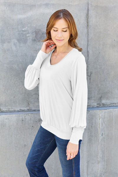 Basic Bae Full Size V-Neck Lantern Sleeve Blouse - Alonna's Legging Land