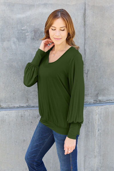 Basic Bae Full Size V-Neck Lantern Sleeve Blouse - Alonna's Legging Land