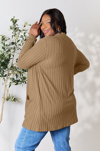 Basic Bae Full Size Ribbed Open Front Cardigan with Pockets - Alonna's Legging Land