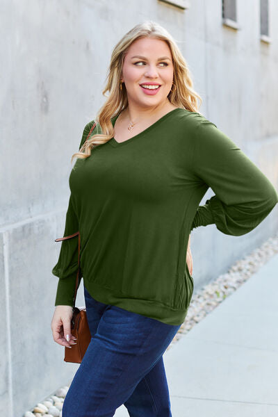 Basic Bae Full Size V-Neck Lantern Sleeve Blouse - Alonna's Legging Land