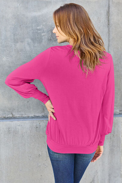 Basic Bae Full Size V-Neck Lantern Sleeve Blouse - Alonna's Legging Land