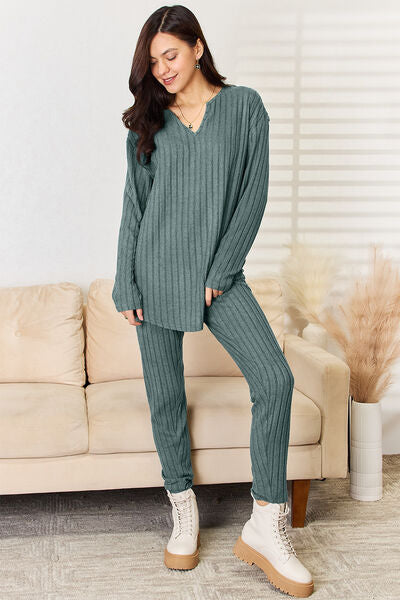 Basic Bae Full Size Notched Long Sleeve Top and Pants Set - Alonna's Legging Land