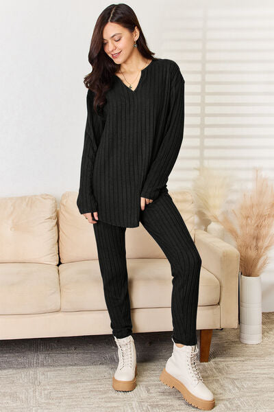 Basic Bae Full Size Notched Long Sleeve Top and Pants Set - Alonna's Legging Land