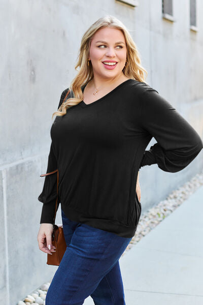 Basic Bae Full Size V-Neck Lantern Sleeve Blouse - Alonna's Legging Land