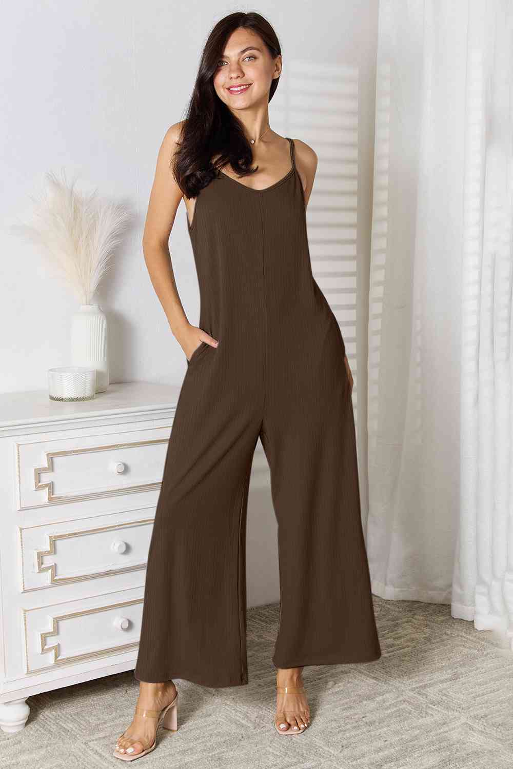 Basic Bae Full Size Spaghetti Strap V-Neck Jumpsuit - Alonna's Legging Land