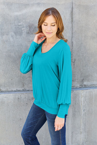 Basic Bae Full Size V-Neck Lantern Sleeve Blouse - Alonna's Legging Land