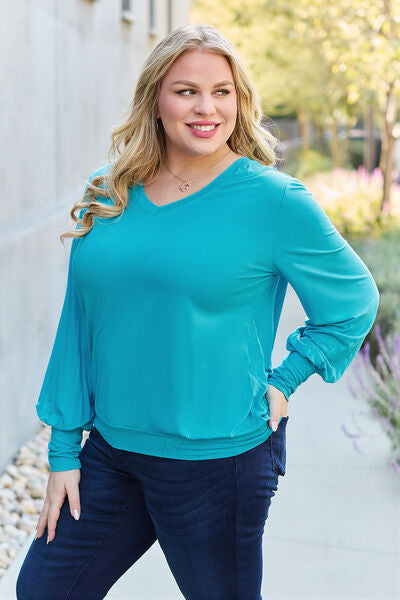 Basic Bae Full Size V-Neck Lantern Sleeve Blouse - Alonna's Legging Land