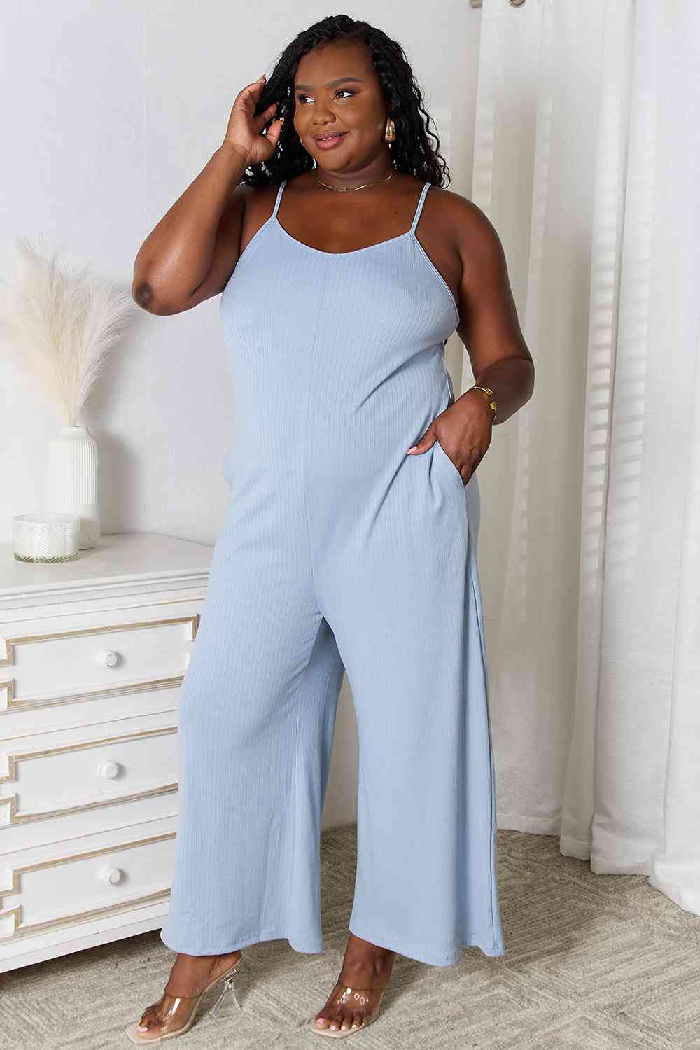 Basic Bae Full Size Spaghetti Strap V-Neck Jumpsuit - Alonna's Legging Land