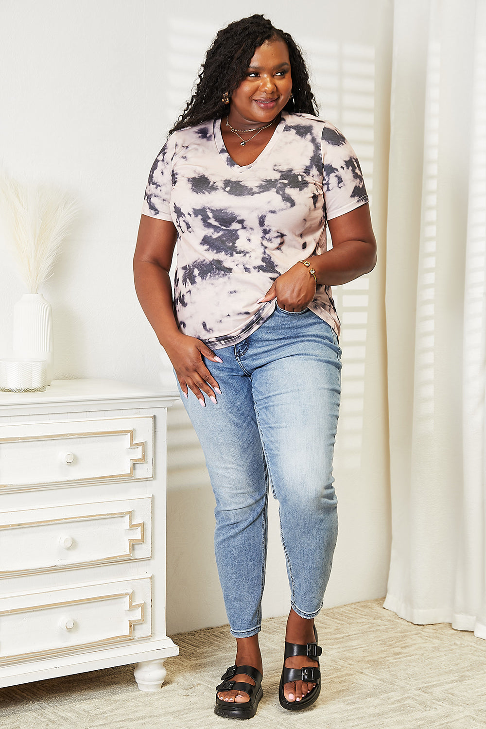 Double Take Tie-Dye V-Neck T-Shirt - Alonna's Legging Land