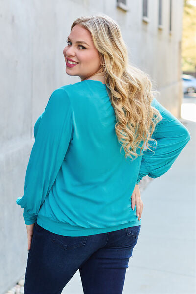 Basic Bae Full Size V-Neck Lantern Sleeve Blouse - Alonna's Legging Land