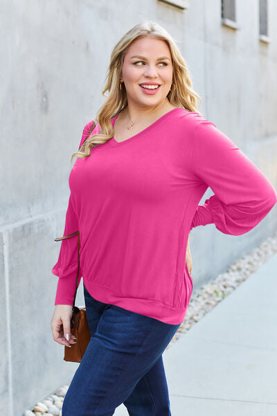 Basic Bae Full Size V-Neck Lantern Sleeve Blouse - Alonna's Legging Land