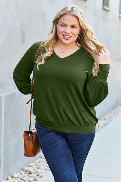 Basic Bae Full Size V-Neck Lantern Sleeve Blouse - Alonna's Legging Land